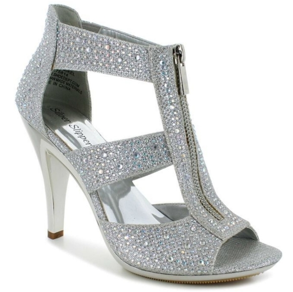 Silver Slipper Mikrl Silver Metallic with iridescent stones 8M Zip front - Picture 1 of 9